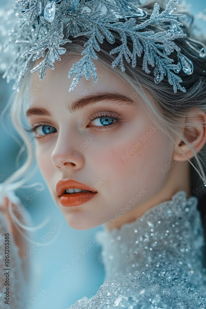 A woman with a snowflake crown on her head in the snow A woman with a snowflake crown on her head in the snow
