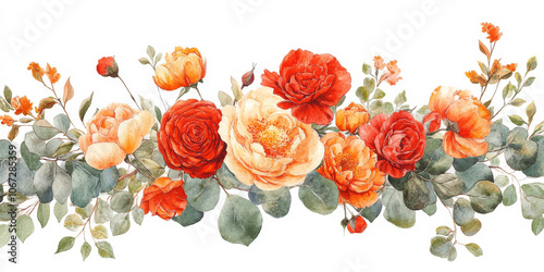 Obraz na płótnie Soft watercolor arrangement of orange flowers, red roses, and peach peonies in a eucalyptus leaf border, forming a natural frame for invitations and greeting cards w salonie