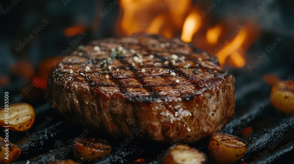 shows a cooked steak with visible juice, garnished with herbs and served on an outdoor grill. shows a cooked steak with visible juice, garnished with herbs and served on an outdoor grill.