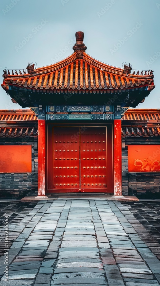 Fototapeta premium Traditional Chinese Architecture with Red Doors and Stone Pathway