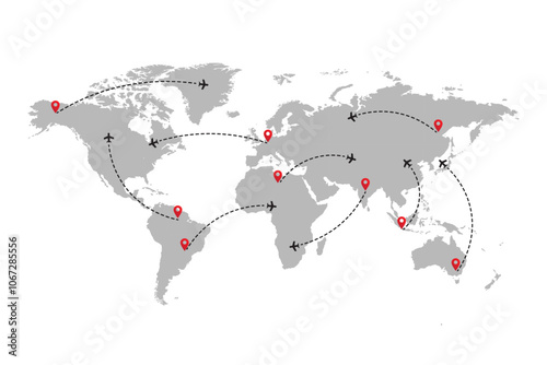 World map with flight routes, silhouettes of aircraft flights on the map. plane moves along the trajectory.