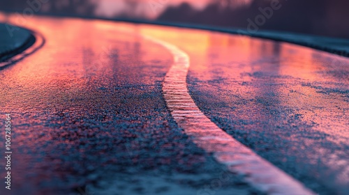 A wet road at twilight, with reflections of the sky's pastel colors blending seamlessly with the dark asphalt