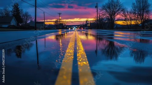 A wet road at twilight, with reflections of the sky's pastel colors blending seamlessly with the dark asphalt
