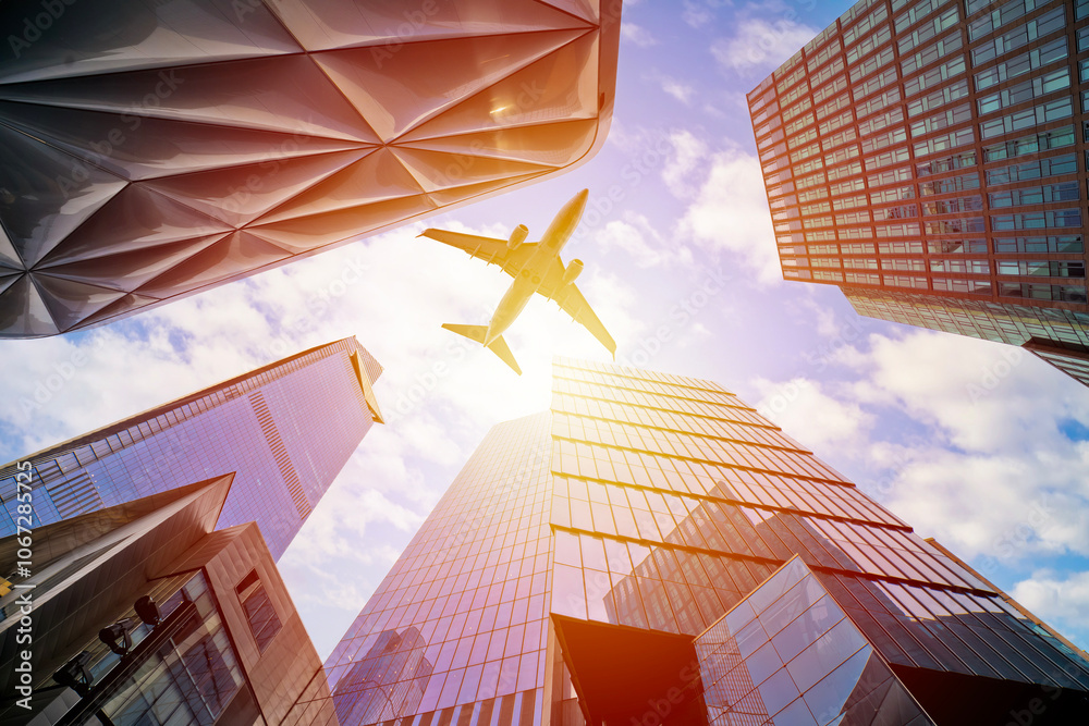 New York City Hudson Yards with jet airplane in low flight view