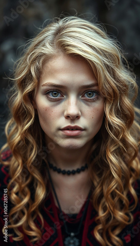 young beautiful gypsy woman serious look 