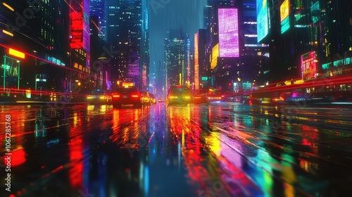 An urban road at night, with reflections of colorful traffic lights and city buildings dancing across the wet surface