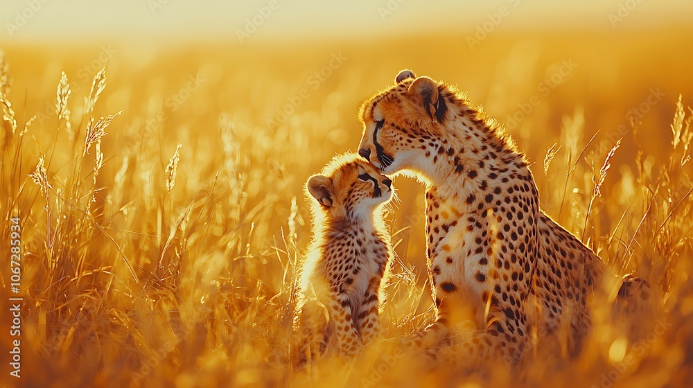 Cheetah Nuzzling Her Cub in Golden Grasslands