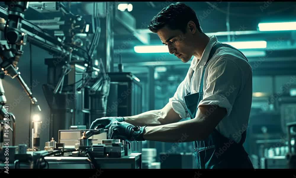 A worker interacts with an industrial robot in a factory setting. A worker interacts with an industrial robot in a factory setting.