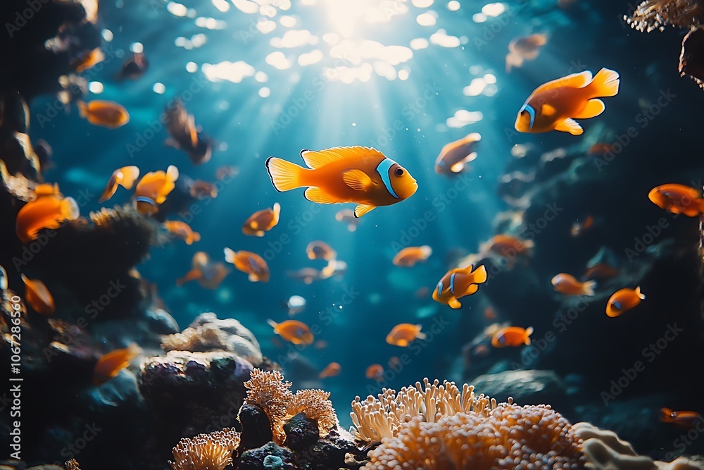 A school of clownfish swims through a vibrant coral reef bathed in sunlight.