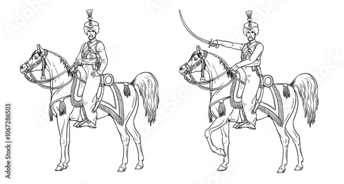 Drawing with the mounted Mamluk. Mounted soldier of the Napoleonic army to color in. photo