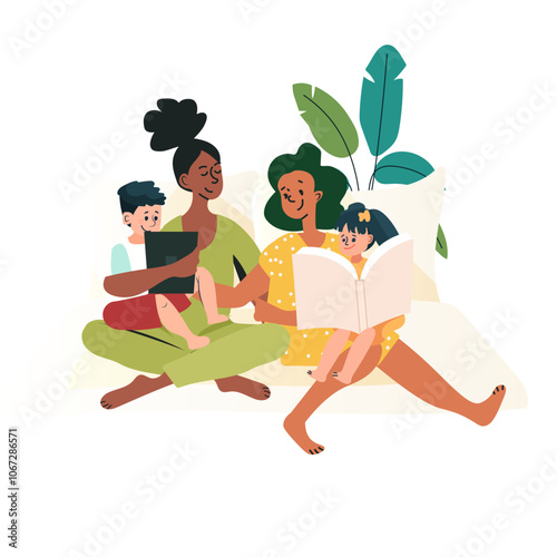 Family reading together on couch diverse parents children bonding with books and tablet plants in background warm colors flat design
