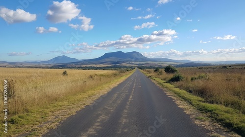 A long, empty road running through an expansive rural landscape, with mountains visible in the far distance and scattered clouds above