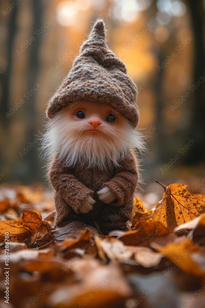 Fototapeta premium A small stuffed animal wearing a knitted hat sitting in the leaves