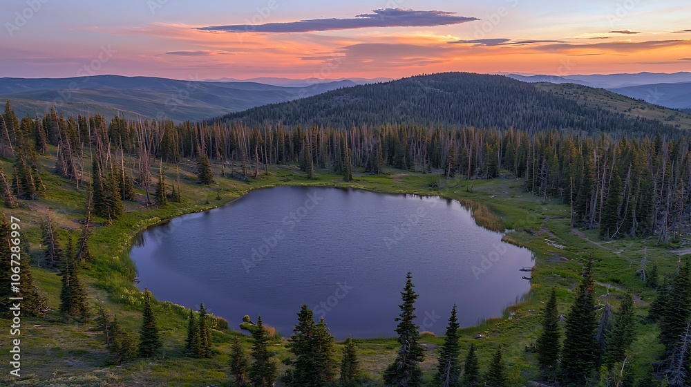 Aerial View of Serene Mountain Lake at Sunset