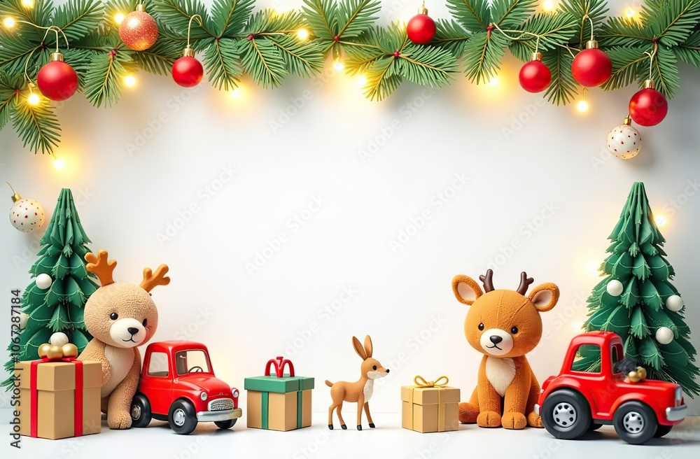 Fototapeta premium frame for text made from colourful kids toys, realistic forest animals, toy cars, balls, cubes, with golden garland lights, on white Christmas background, festive golden bokeh