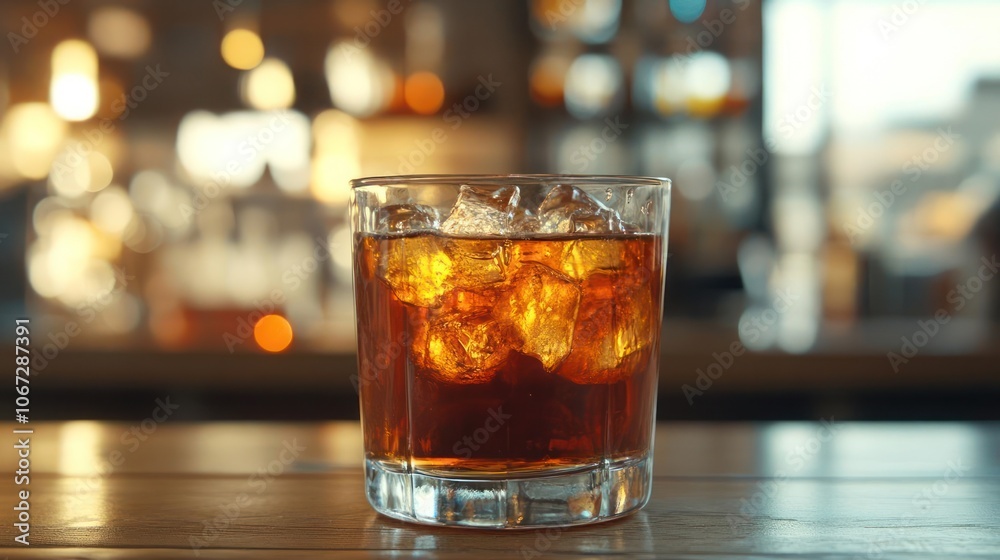 A cocktail with a cube of ice on top, sitting in a glass at a bar. A cocktail with a cube of ice on top, sitting in a glass at a bar.