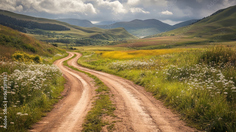 A rural dirt road meandering through a valley, with wild grass and flowers growing along the sides and hills rising in the distance A rural dirt road meandering through a valley, with wild grass and flowers growing along the sides and hills rising in the distance