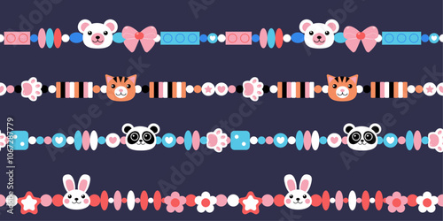 Retro seamless pattern of friendship beads bracelets with animals. Accessories background, y2k wallpaper for fabric print, textile, wrapping paper, cover, backdrop. Vector