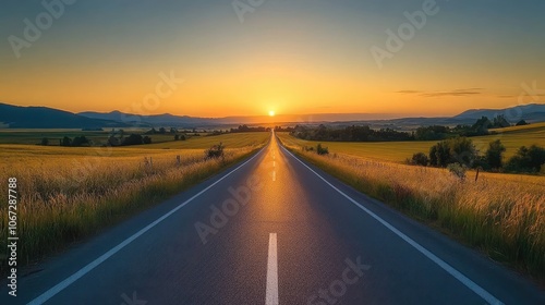 A rural road at twilight, with the fading sunlight casting a warm glow over the empty road and surrounding fields