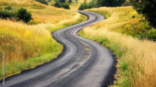 A scenic country road framed by tall, swaying grass on both sides, curving gently through a peaceful rural landscape