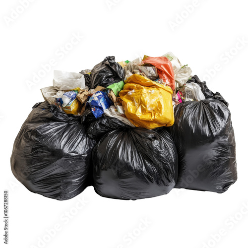 Pile of black trash bags filled with mixed waste photo