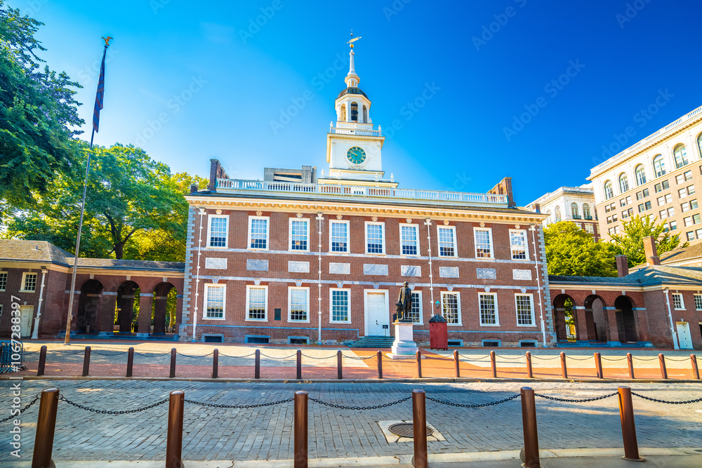 Independence Hall historic landmark in Philadelphia street view, state of Pennsylvania