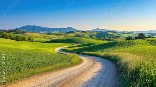 Wallpaper Mural A winding dirt road cutting through green rolling hills, leading to a distant horizon under a clear blue sky Torontodigital.ca