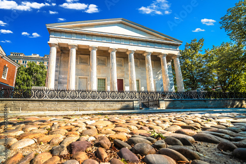 Second Bank of the United States Portrait Gallery view, historic landmark cobbled street photo