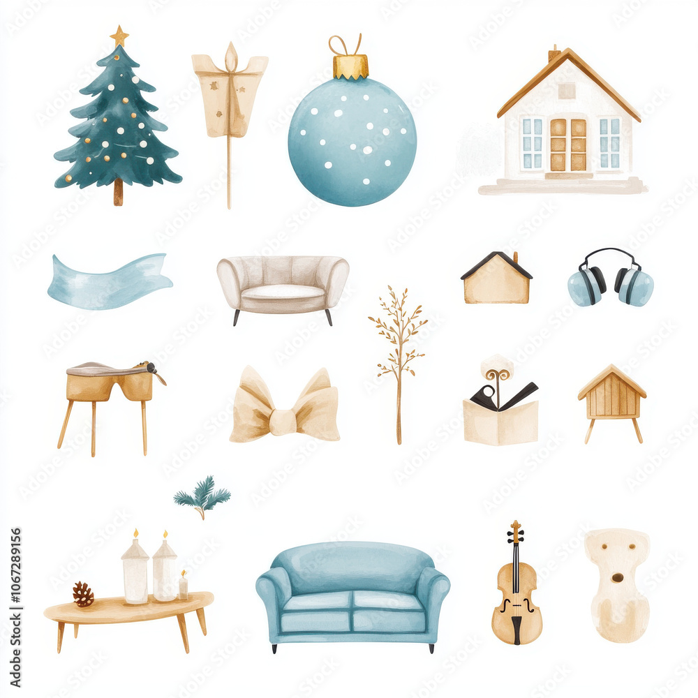 Fototapeta premium collection of clipart style illustrations featuring holiday themed items like Christmas tree, ornaments, and cozy home decor in soft pastel colors
