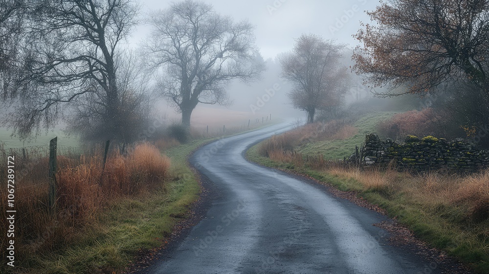 A misty rural road with overgrown grass lining the edges, creating an isolated, tranquil scene shrouded in fog A misty rural road with overgrown grass lining the edges, creating an isolated, tranquil scene shrouded in fog