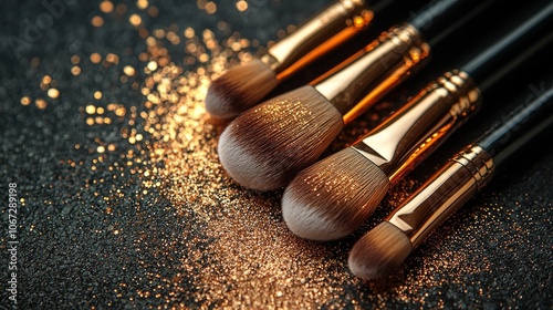 stylist mockup showcases arrangement gold encrusted makeup brushes set thick black paper. Glitter accents add elegance creating space text creative ideas. photo