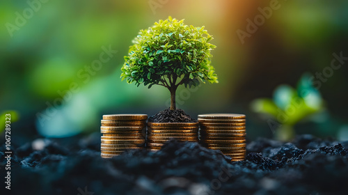 a tree growing out of a pile of coins. Investing concepts