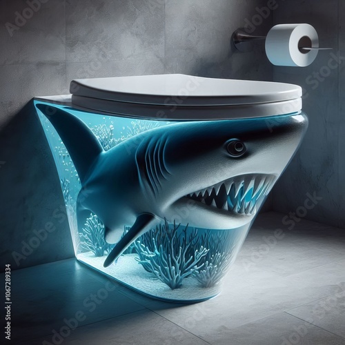 A toilet with a shark inspired design featuring a sleek modern s photo