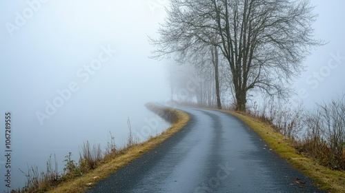 A quiet lakeside road enveloped in fog, with the water and trees disappearing into the misty horizon, creating a sense of calm solitude