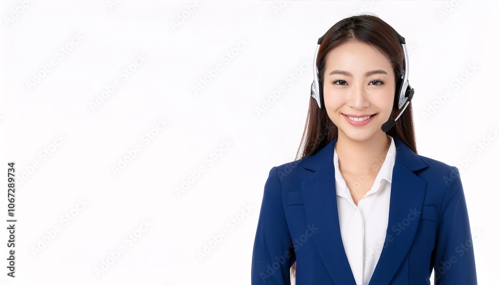 Working woman - phone operator -call center operator wear earphone with microphone on isolated white background Working woman - phone operator -call center operator wear earphone with microphone on isolated white background
