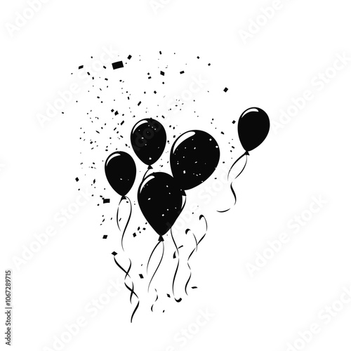 Silhouette of 'Happy New Year' celebratory balloons on a solid white background