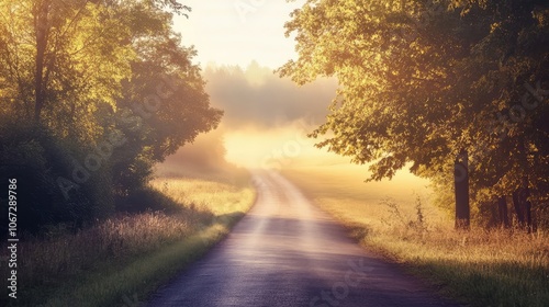 A rural road with fog slowly lifting in the early morning light, revealing the peaceful countryside beyond