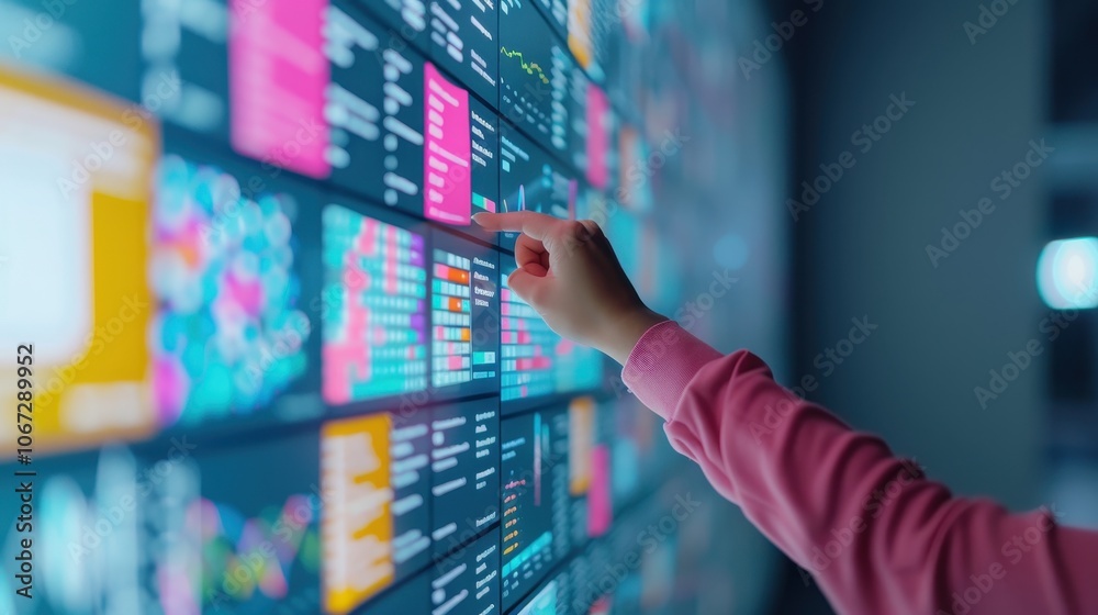 Person Interacting with Digital Data Visualization on Large Touchscreen Display