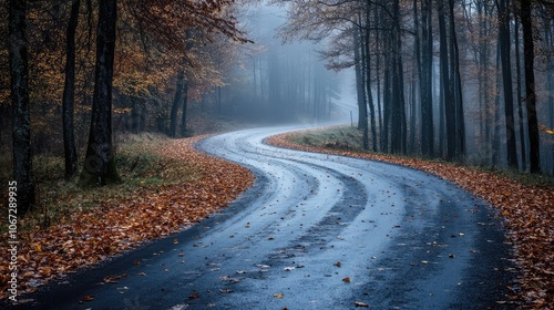 A winding road on a misty autumn morning, with fallen leaves scattered across the damp asphalt and fog clinging to the trees