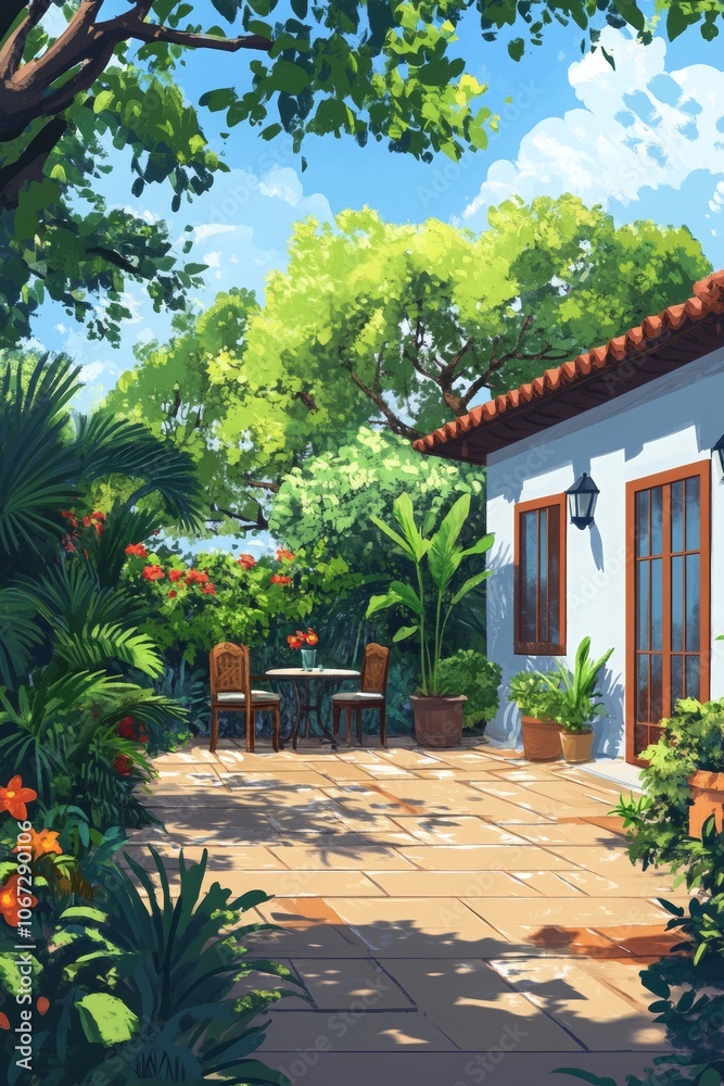 Fototapeta premium Charming terrace scene of a house, whimsical children's book illustration, vibrant colors, inviting atmosphere, playful details, joyful ambiance