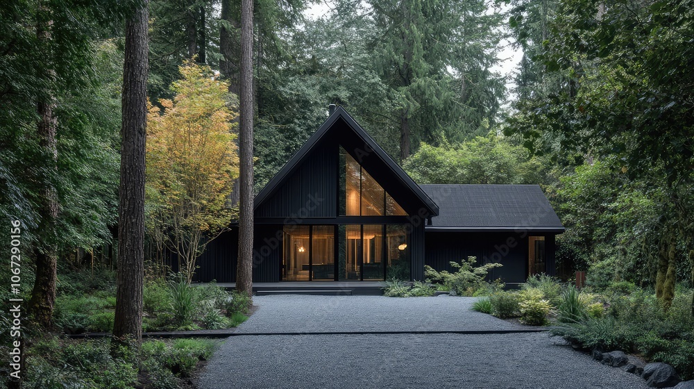 A modern A-frame cabin with bold black accents, expansive windows, set amid tall trees, with gravel driveway blending into forest floor. A modern A-frame cabin with bold black accents, expansive windows, set amid tall trees, with gravel driveway blending into forest floor.