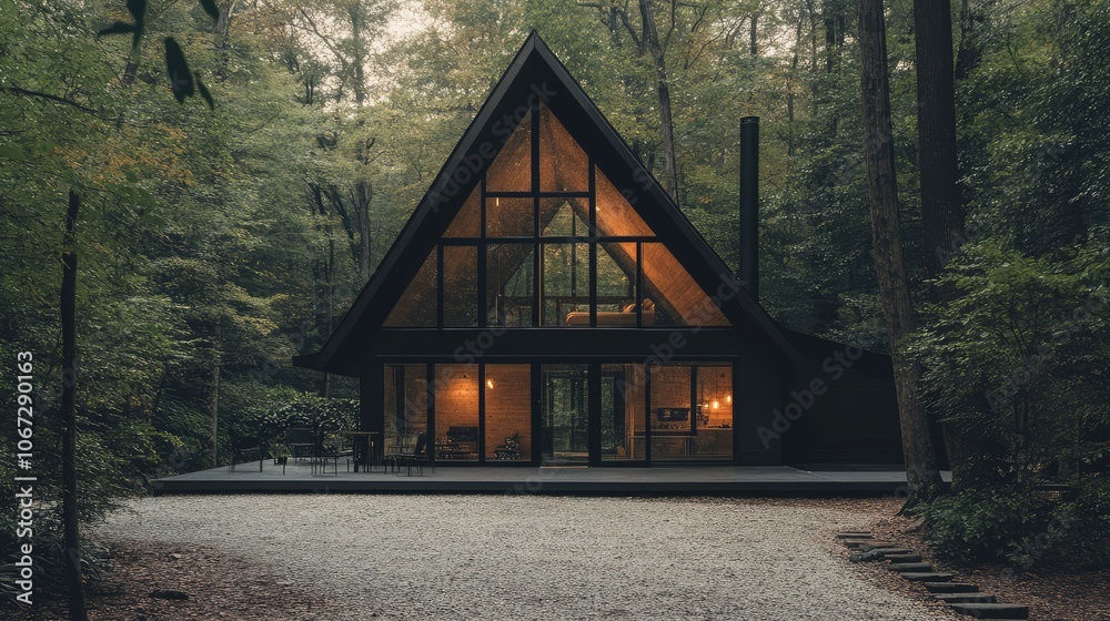 A modern A-frame cabin with large glass panels and black metal trim, forest surroundings, and gravel drive blending with woodland floor. A modern A-frame cabin with large glass panels and black metal trim, forest surroundings, and gravel drive blending with woodland floor.