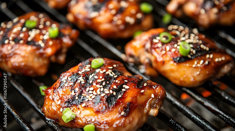 Grilled chicken thighs marinated in teriyaki sauce, served with sesame seeds and scallions, grilled chicken teriyaki, Asian barbecue
