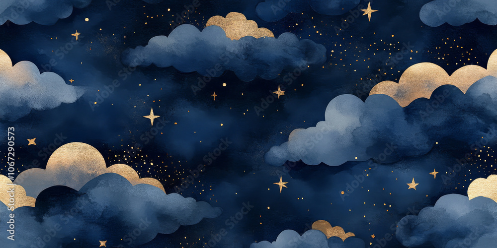 Watercolor seamless pattern of a dark night sky with glowing gold foil stars and clouds, soft indigo and navy tones blending together