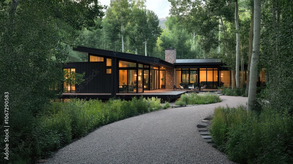 A-frame structure with clean, black metal accents and broad windows, gravel drive weaving through forest, showcasing modern woodsy retreat. A-frame structure with clean, black metal accents and broad windows, gravel drive weaving through forest, showcasing modern woodsy retreat.
