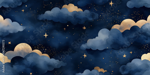 Obraz na płótnie Watercolor seamless pattern of a dark night sky with glowing gold foil stars and clouds, soft indigo and navy tones blending together w salonie