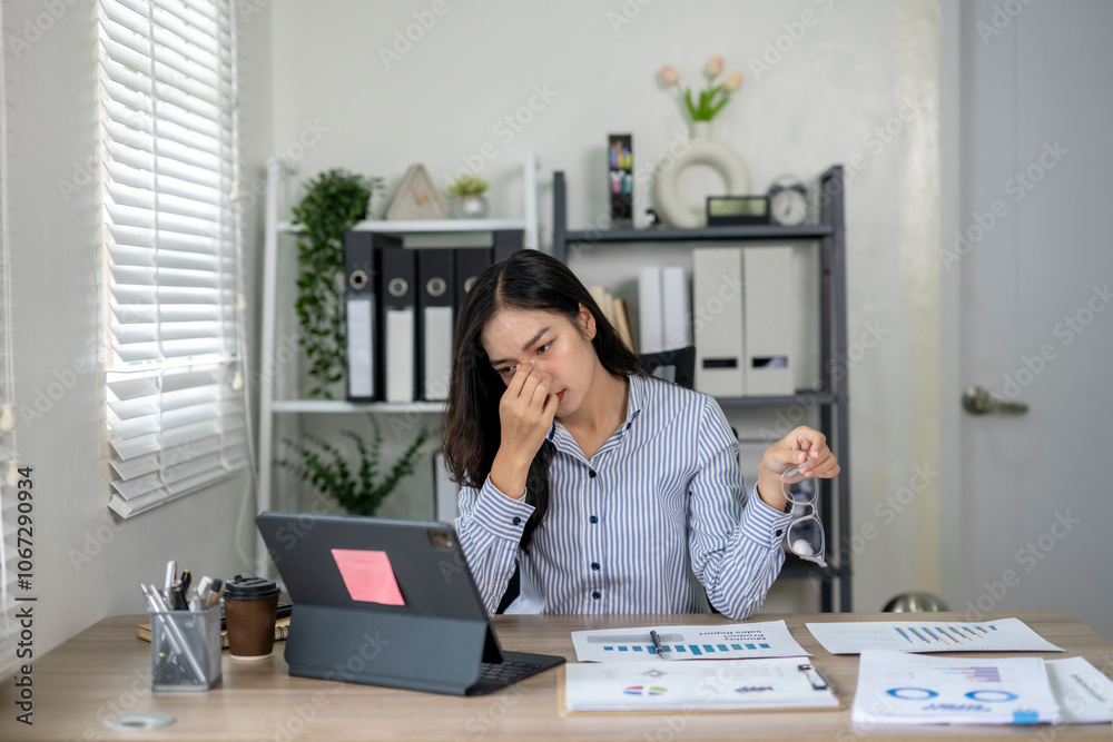 Obraz premium Tired asian businesswoman suffering from headache while working using laptop at the office