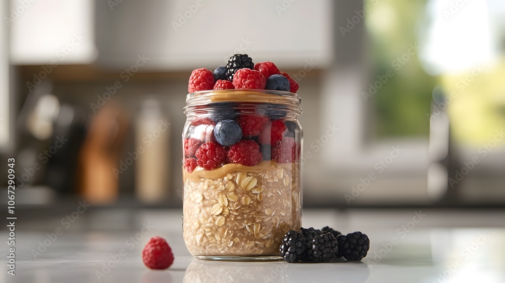 Overnight oats in a mason jar, highlighting the rich colors of mixed berries, almond butter, and a touch of honey Set against a bright, airy kitchen with a focus on healthy eating Overnight oats in a mason jar, highlighting the rich colors of mixed berries, almond butter, and a touch of honey Set against a bright, airy kitchen with a focus on healthy eating
