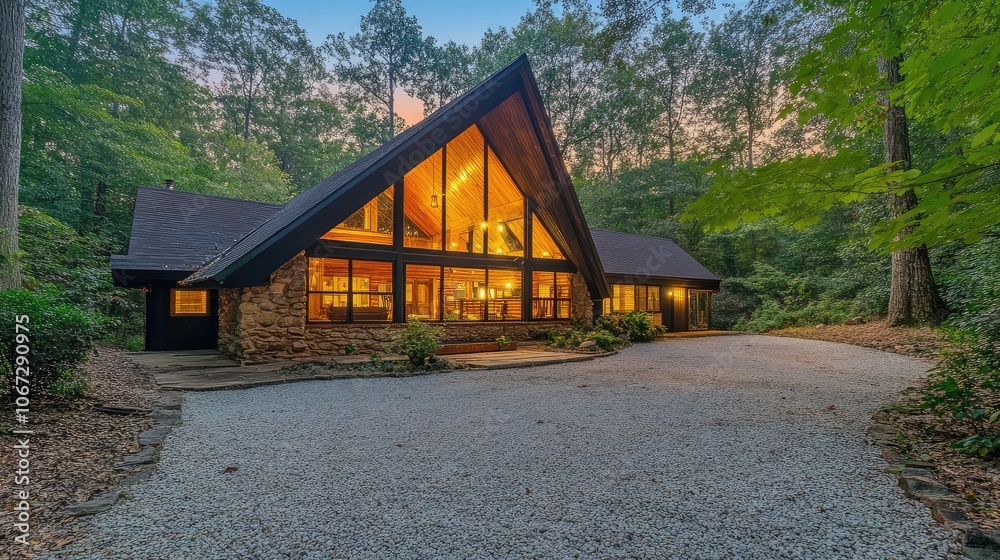 Contemporary A-frame cabin in secluded woods, large windows showcasing interior glow, and a gravel driveway curving up to the entrance.
