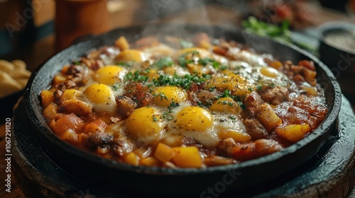 Stir-fried eggs with sausage, beans and tomatoes served over pasta.